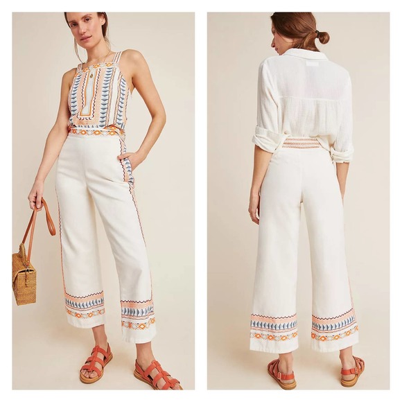 Anthropologie White Wide Leg Pants with Orange and Blue Accents - Picture 3 of 11